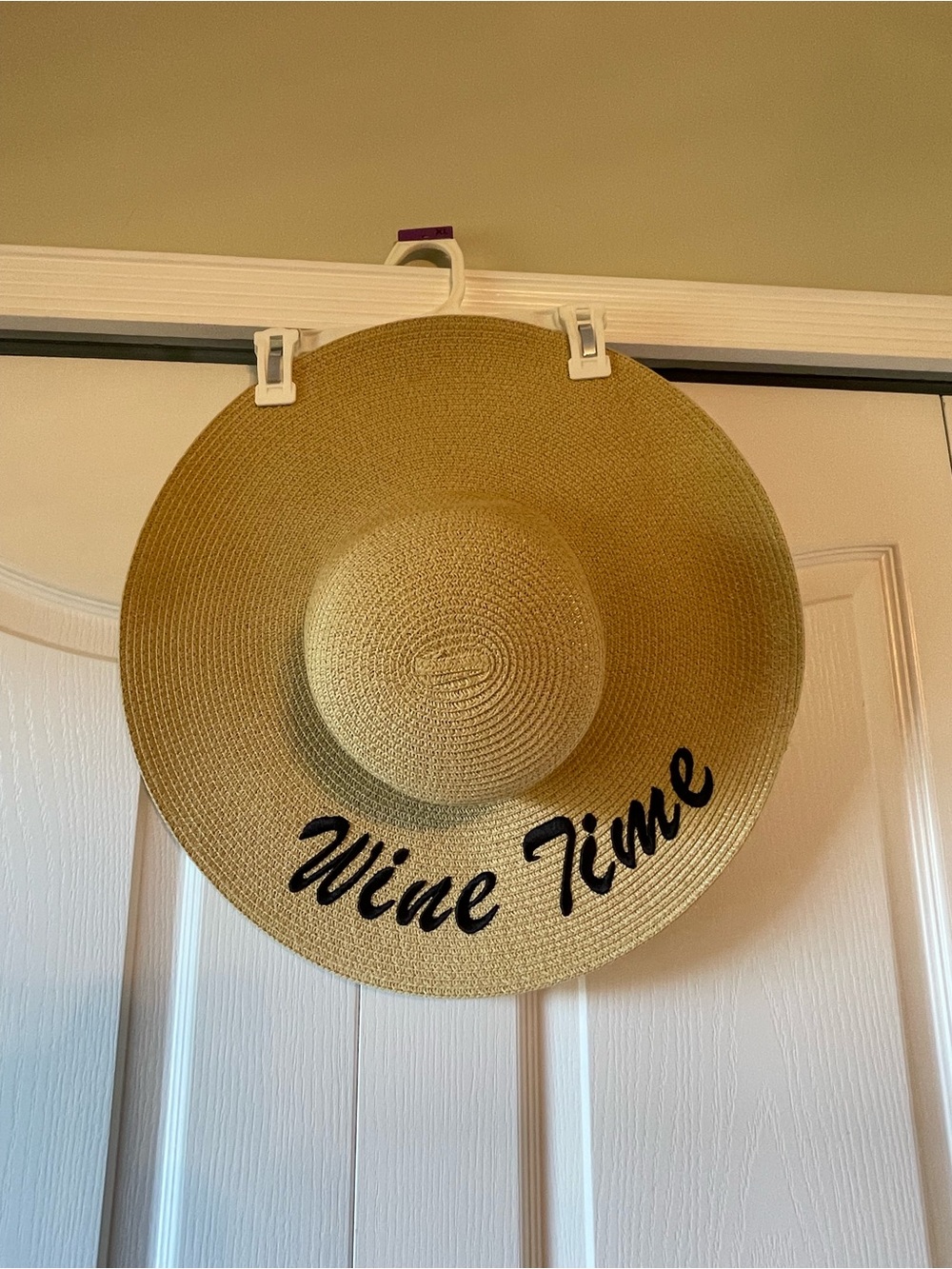 Wide Brim Straw Sun Hat - "Wine Time" - Natural